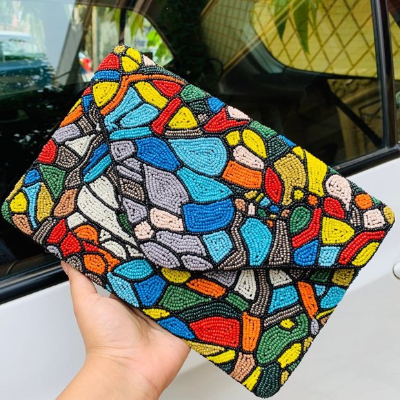 BG Studio Handbags - Stained Glass Window Glass Seed Beaded Colorful Crossbody Clutch Handbag NEW